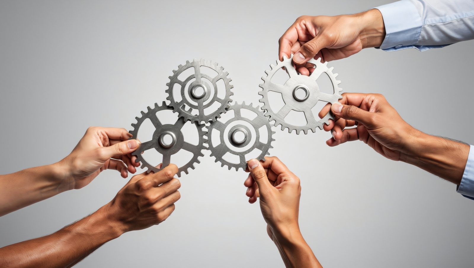 Hands assembling interlocking gears, representing a joined-up workplace performance hub